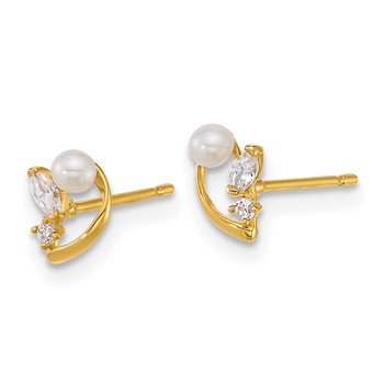 14k Polished CZ and White Freshwater Cultured Pearl Post Earrings — alternate view