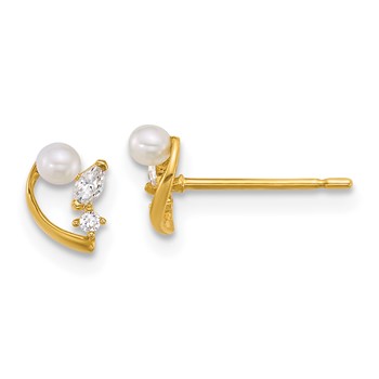 14k Polished CZ and White Freshwater Cultured Pearl Post Earrings