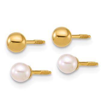 14k Polished 4mm Ball and 3-4mm Freshwater Cultured Pearl Screwback Post Set of 2 Pair Earrings — alternate view