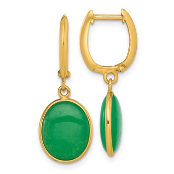 14K Polished Oval Jade Cabochon Dangle Hinged Hoop Earrings