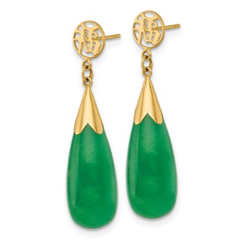 14K Polished Good Luck Symbol Jade Teardrop Dangle Post Earrings — alternate view