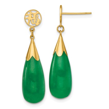 14K Polished Good Luck Symbol Jade Teardrop Dangle Post Earrings