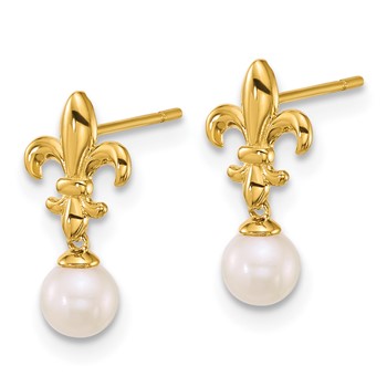 14k Polished Fleur de Lis 3-4mm Freshwater Cultured Pearl Post Dangle Earrings — alternate view