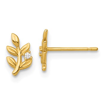 14k Polished Small CZ Leaf Post Earrings