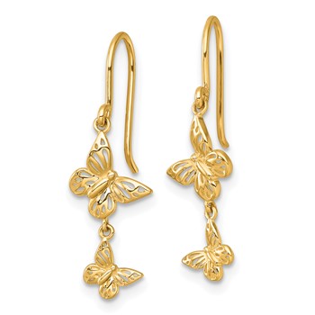 14k Polished Double Butterfly Dangle French Hook Earrings — alternate view