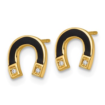 14k Polished Black Enamel and CZ Horseshoe Post Earrings — alternate view