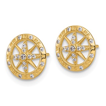 14k Polished White CZ Compass Post Earrings — alternate view
