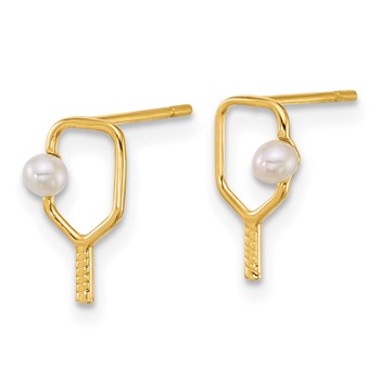 14k Polished Freshwater Cultured Pearl Ball and Pickleball Paddle Post Earrings — alternate view