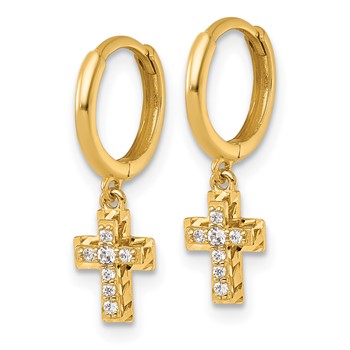 14k Polished and Diamond-cut Dangling CZ Cross Round Hinged Hoop Earrings — alternate view