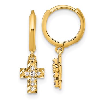14k Polished and Diamond-cut Dangling CZ Cross Round Hinged Hoop Earrings