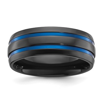 Chisel Black Zirconium Polished with Blue IP-plated Stripes 8mm Band