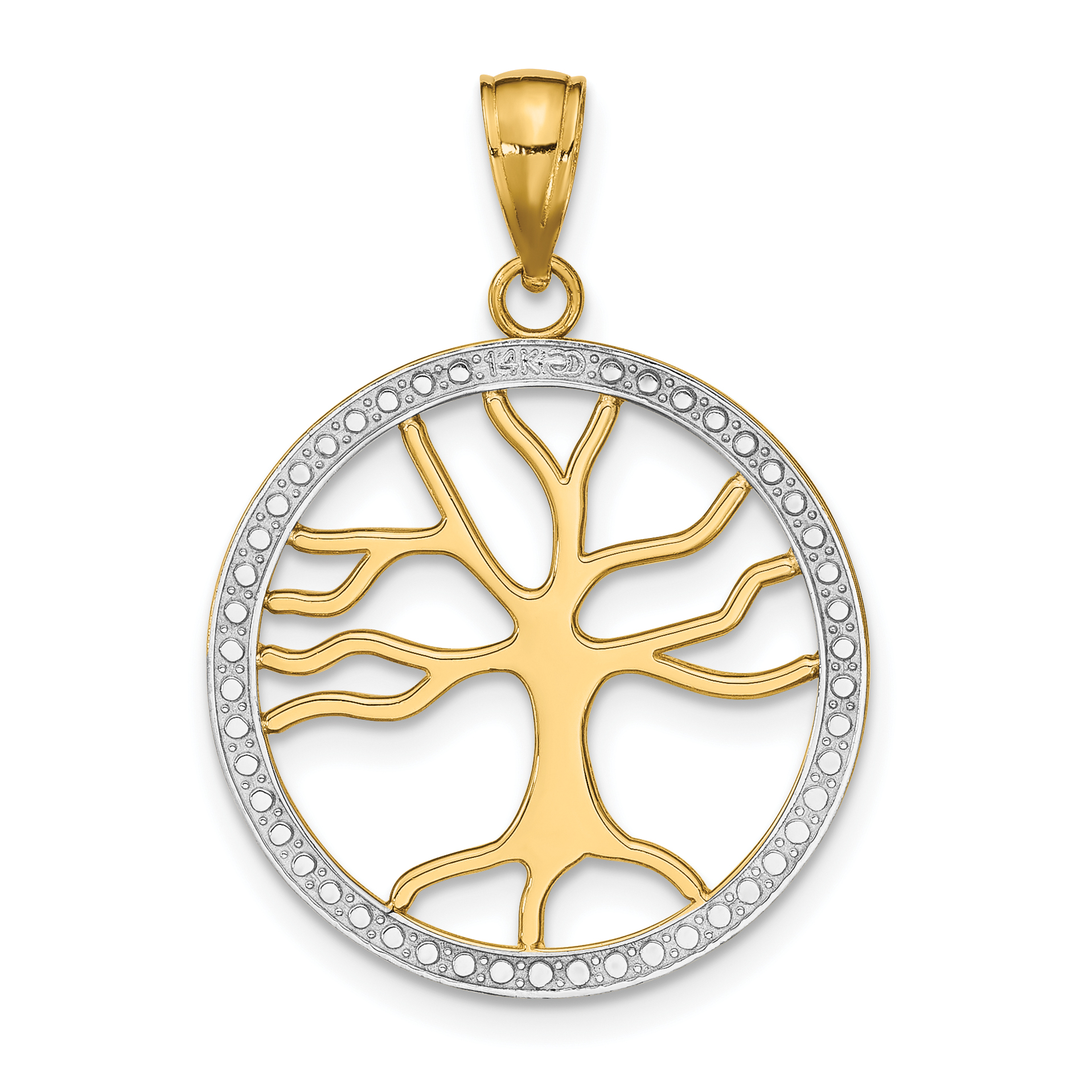 White Rhodium Tree of Life Round Frame Pendant Charm Real 14k Yellow Gold detailed image 4